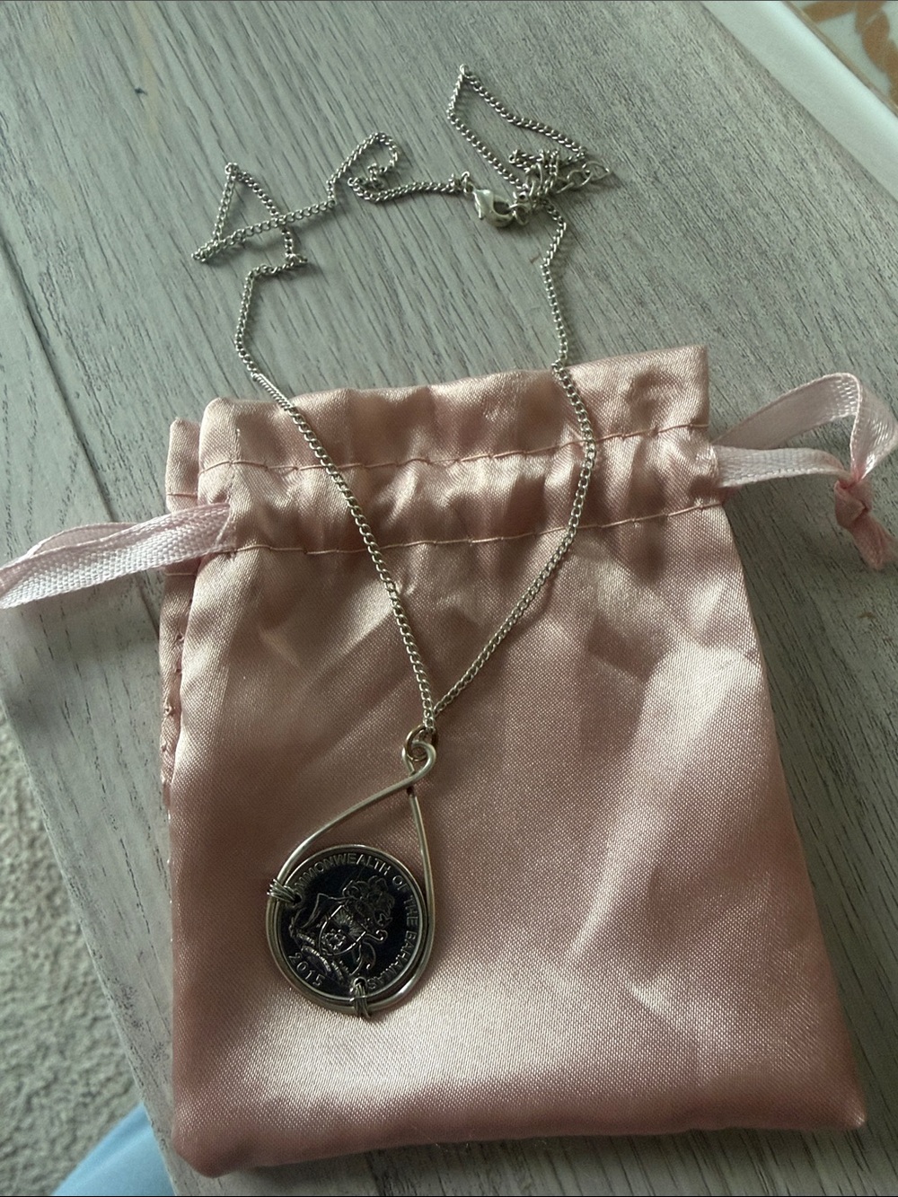 Silver Teardrop Coin Pendant Necklace - Pink